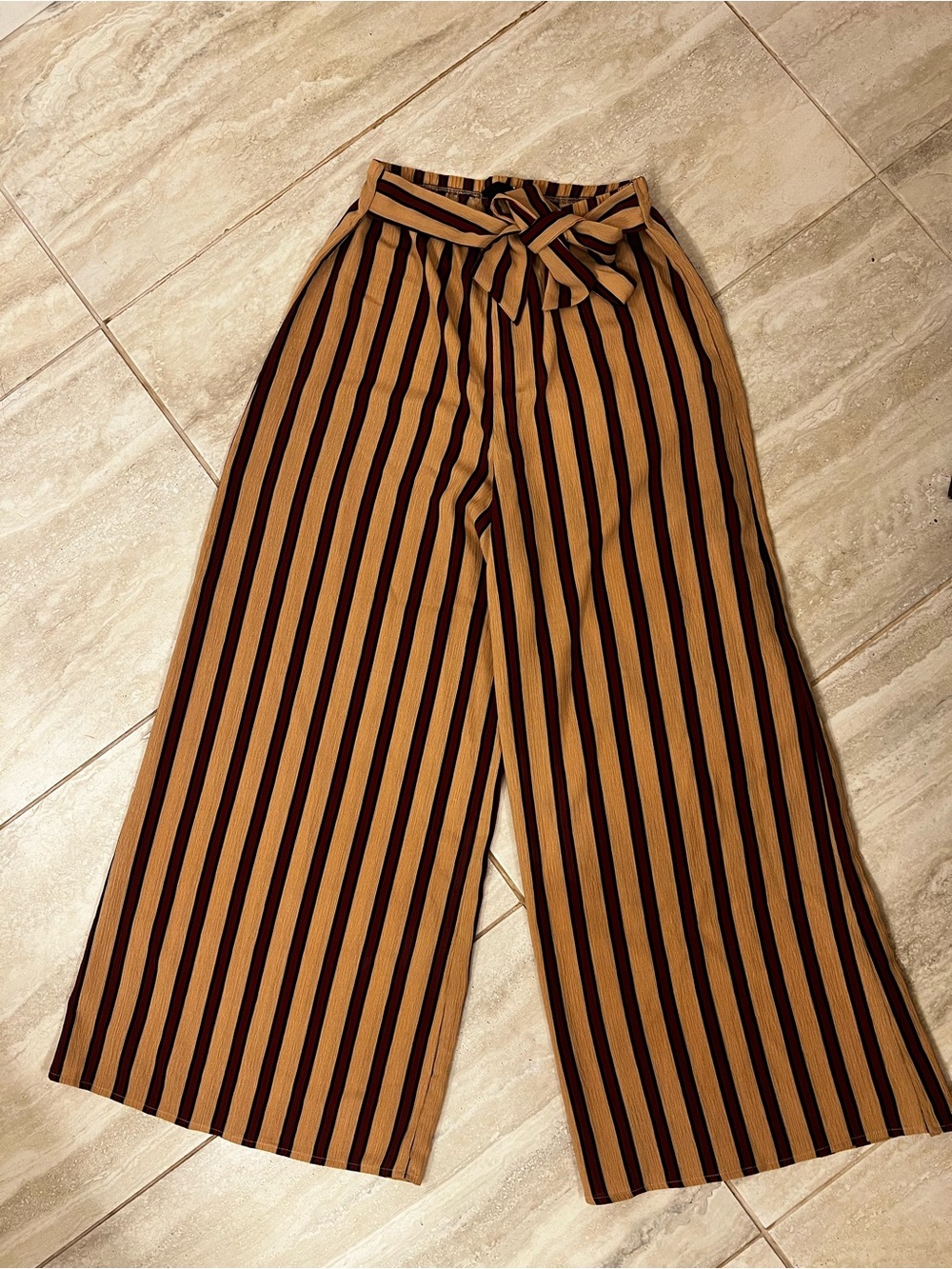Audrey 3+1 Tan and Maroon Vertical Stripe Wide-Leg Pants with Tie Waist